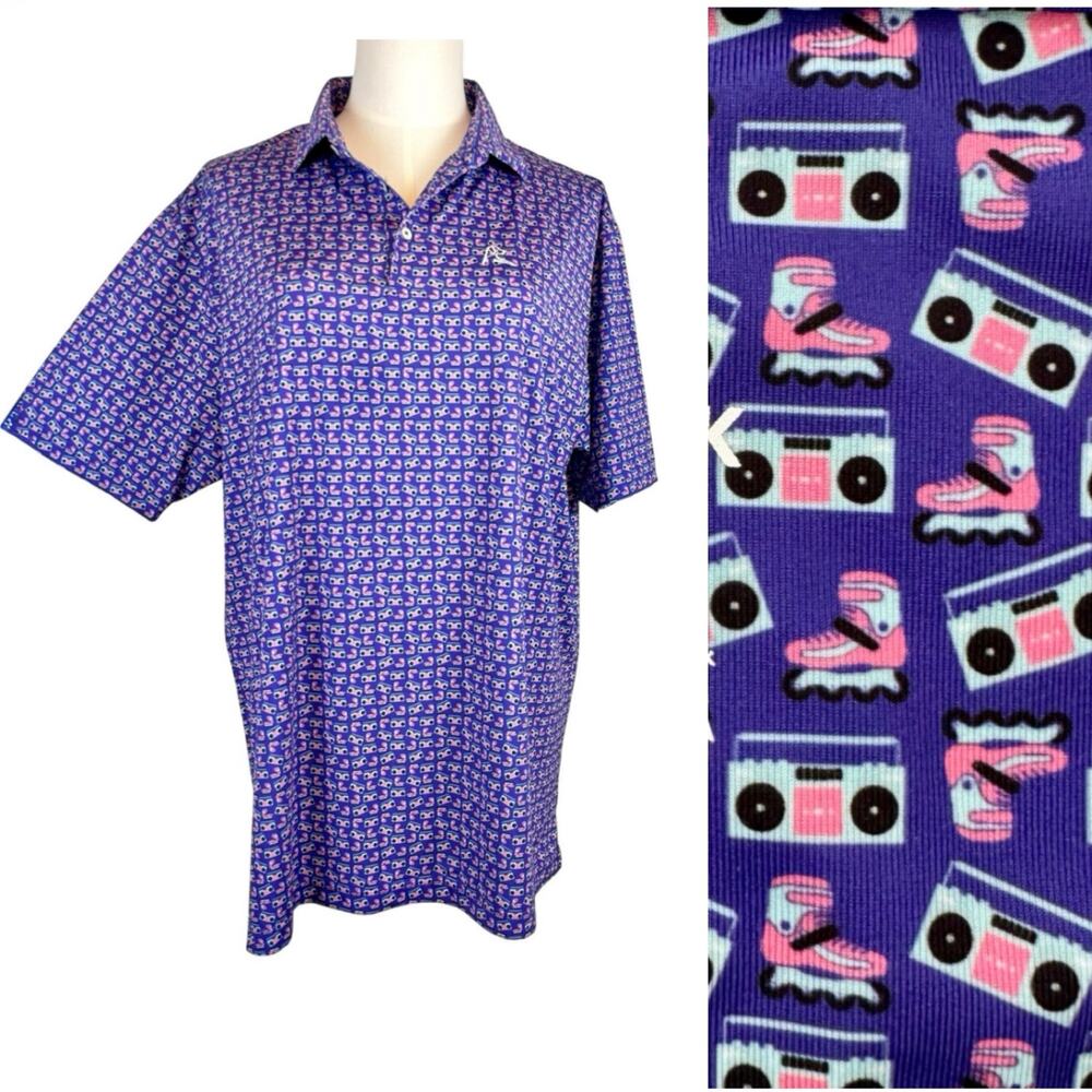 Rhoback Performance Golf Polo Boombox Roller Skate 90s Print Men's XXXL